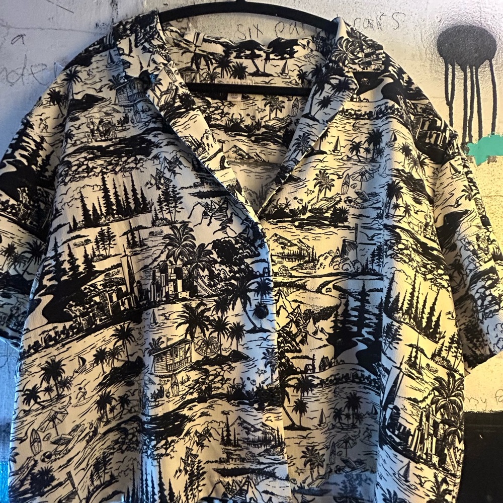 Black and White Graphic Button-Up Shirt